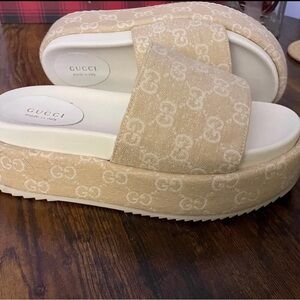 Fashion Women's Beige Platform Slides 9